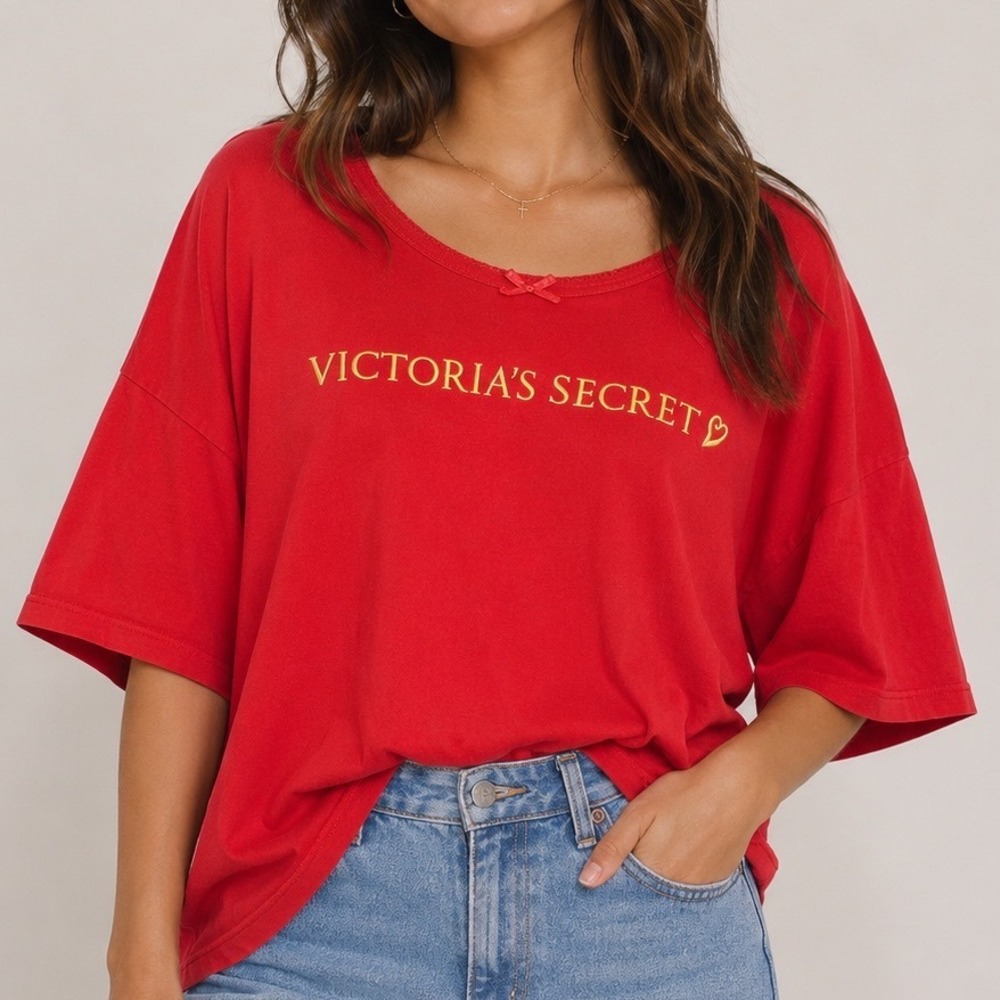 Vintage Victoria's Secret Sleep Tee Red Embroidered Logo 100% Cotton Large Y2K
